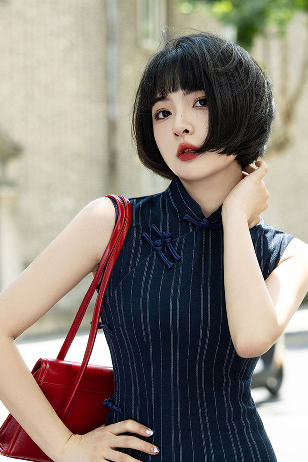 Cheongsam Qipao Sleeveless Blue Striped Slim Fit Elegant Style - qingshiyan 清诗砚