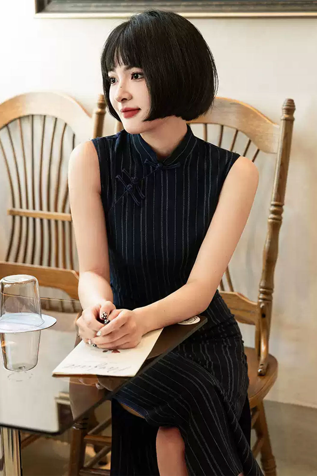 Cheongsam Qipao Sleeveless Blue Striped Slim Fit Elegant Style - qingshiyan 清诗砚