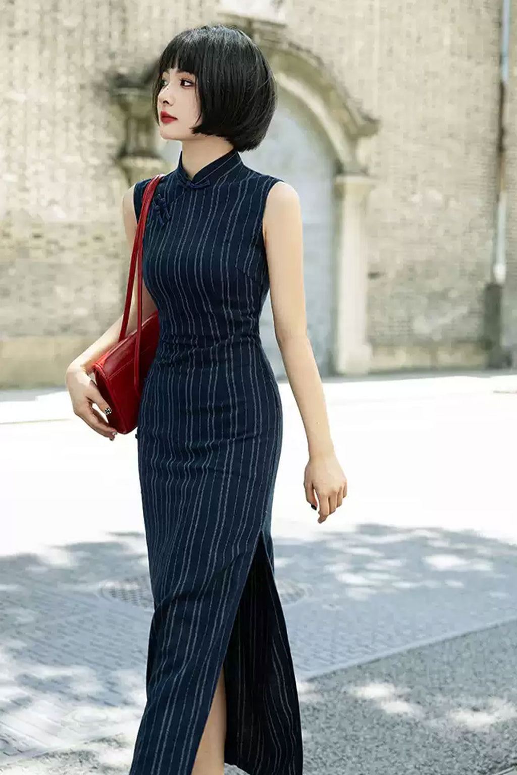 Cheongsam Qipao Sleeveless Blue Striped Slim Fit Elegant Style - qingshiyan 清诗砚