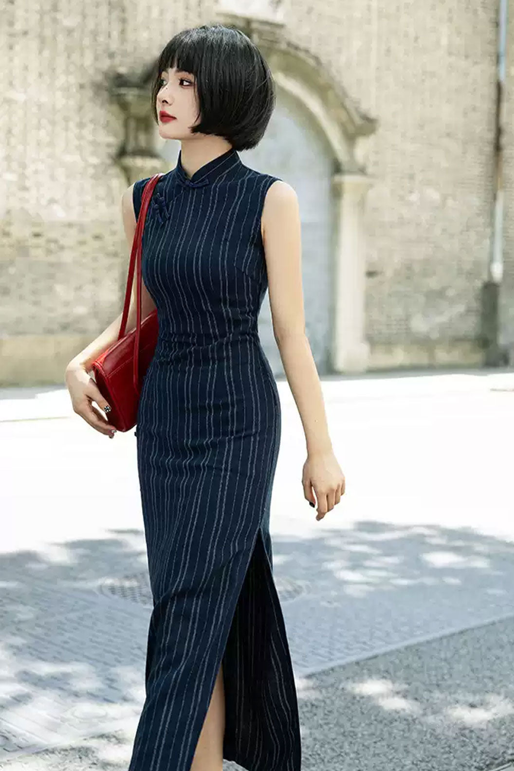 Cheongsam Qipao Sleeveless Blue Striped Slim Fit Elegant Style - qingshiyan 清诗砚