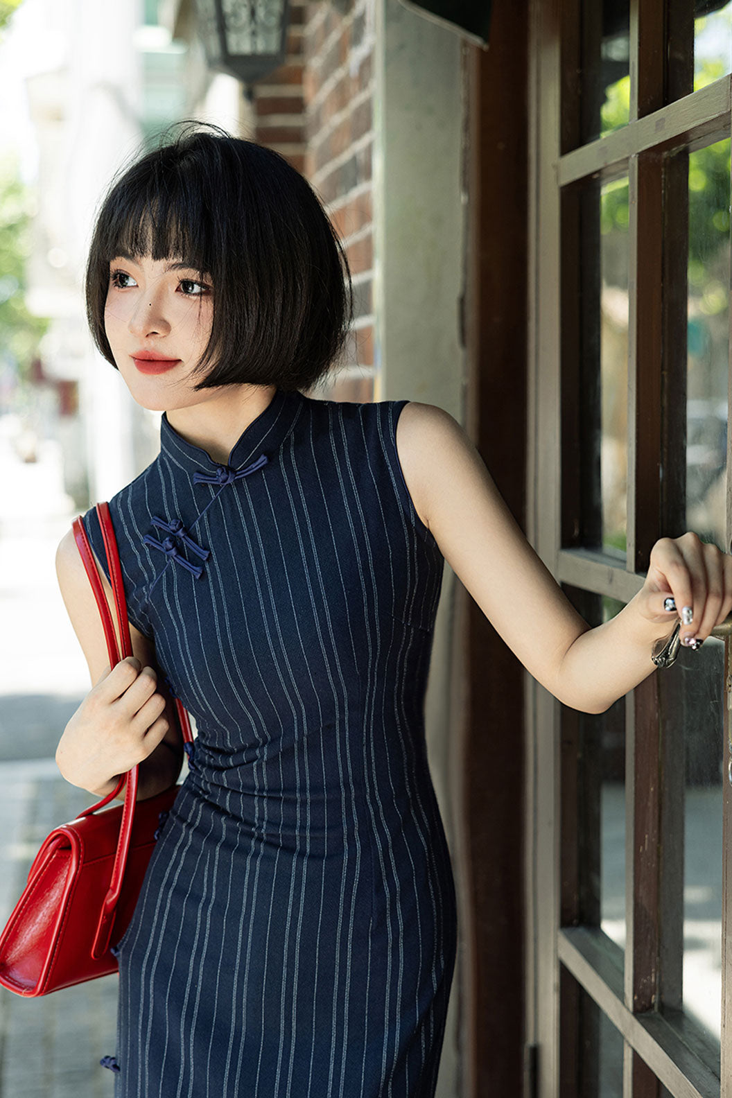 Cheongsam Qipao Sleeveless Blue Striped Slim Fit Elegant Style - qingshiyan 清诗砚