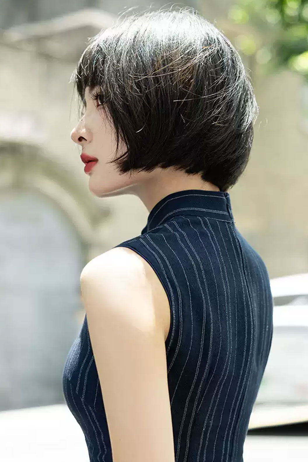 Cheongsam Qipao Sleeveless Blue Striped Slim Fit Elegant Style - qingshiyan 清诗砚