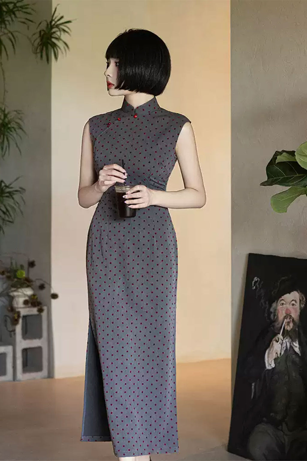 Cheongsam Qipao Sleeveless Polka Dot Vintage Cute Girl Style Dress - tianzhenyouxie 天真有邪