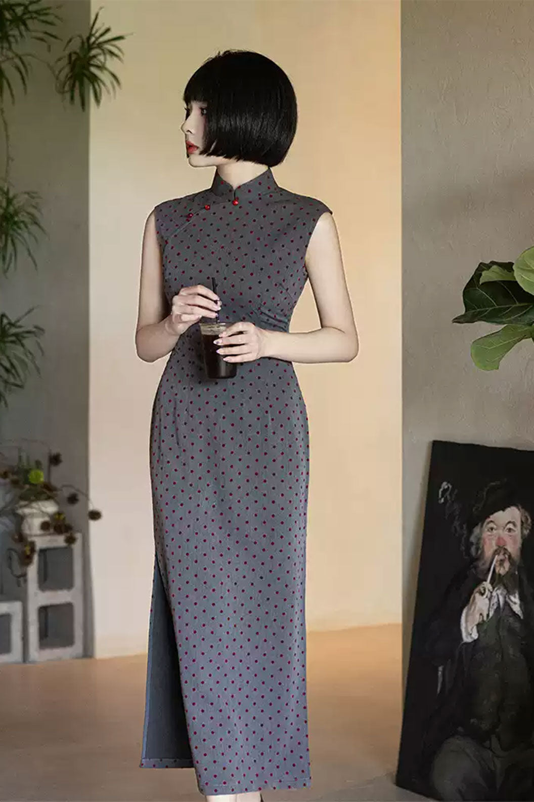 Cheongsam Qipao Sleeveless Polka Dot Vintage Cute Girl Style Dress - tianzhenyouxie 天真有邪