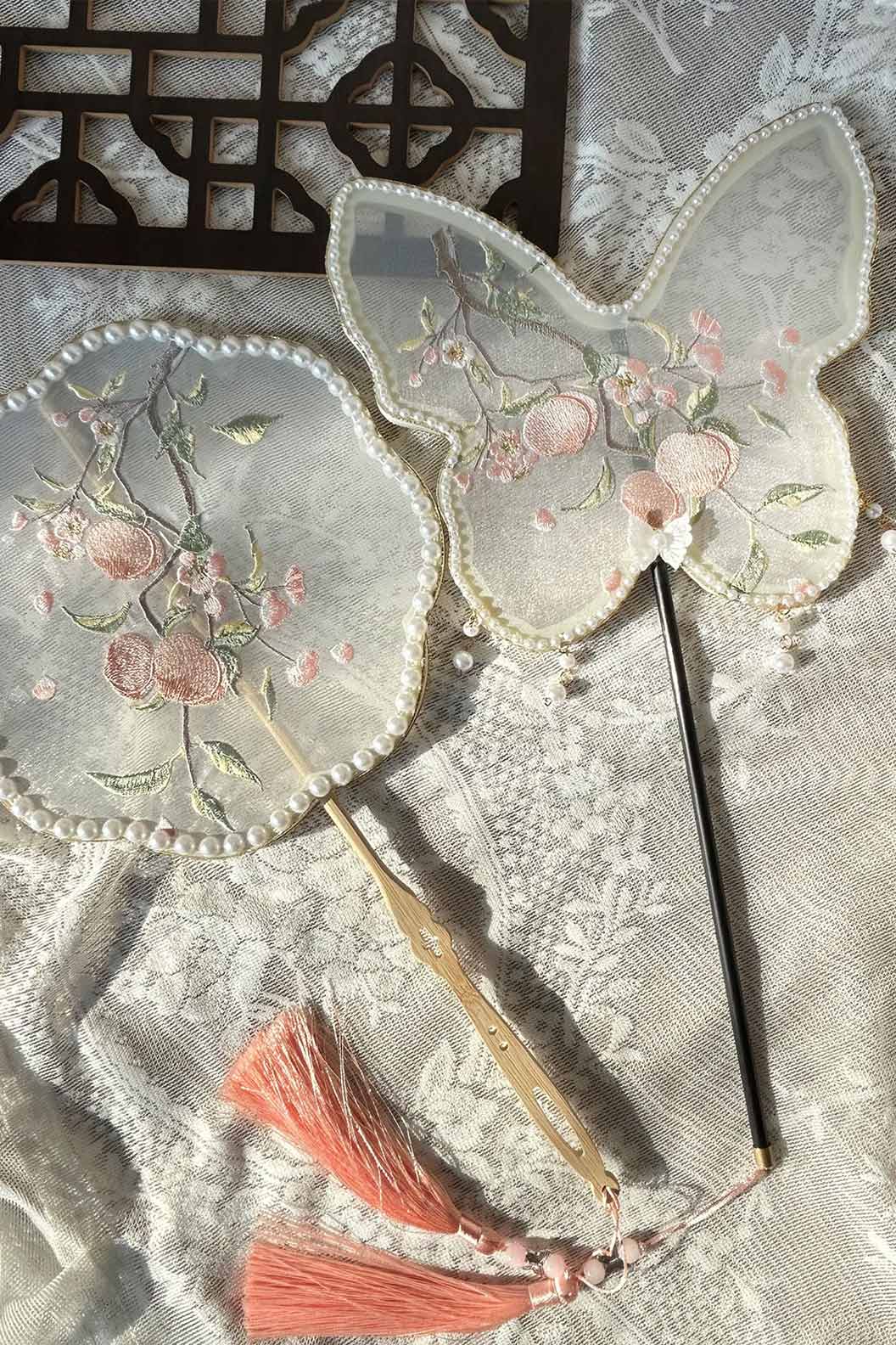 Chinese hand fan embroidered white ancient style with tassel