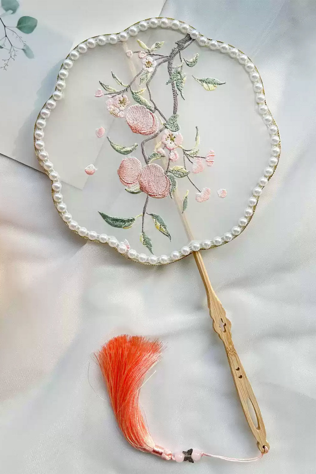 Chinese hand fan embroidered white ancient style with tassel