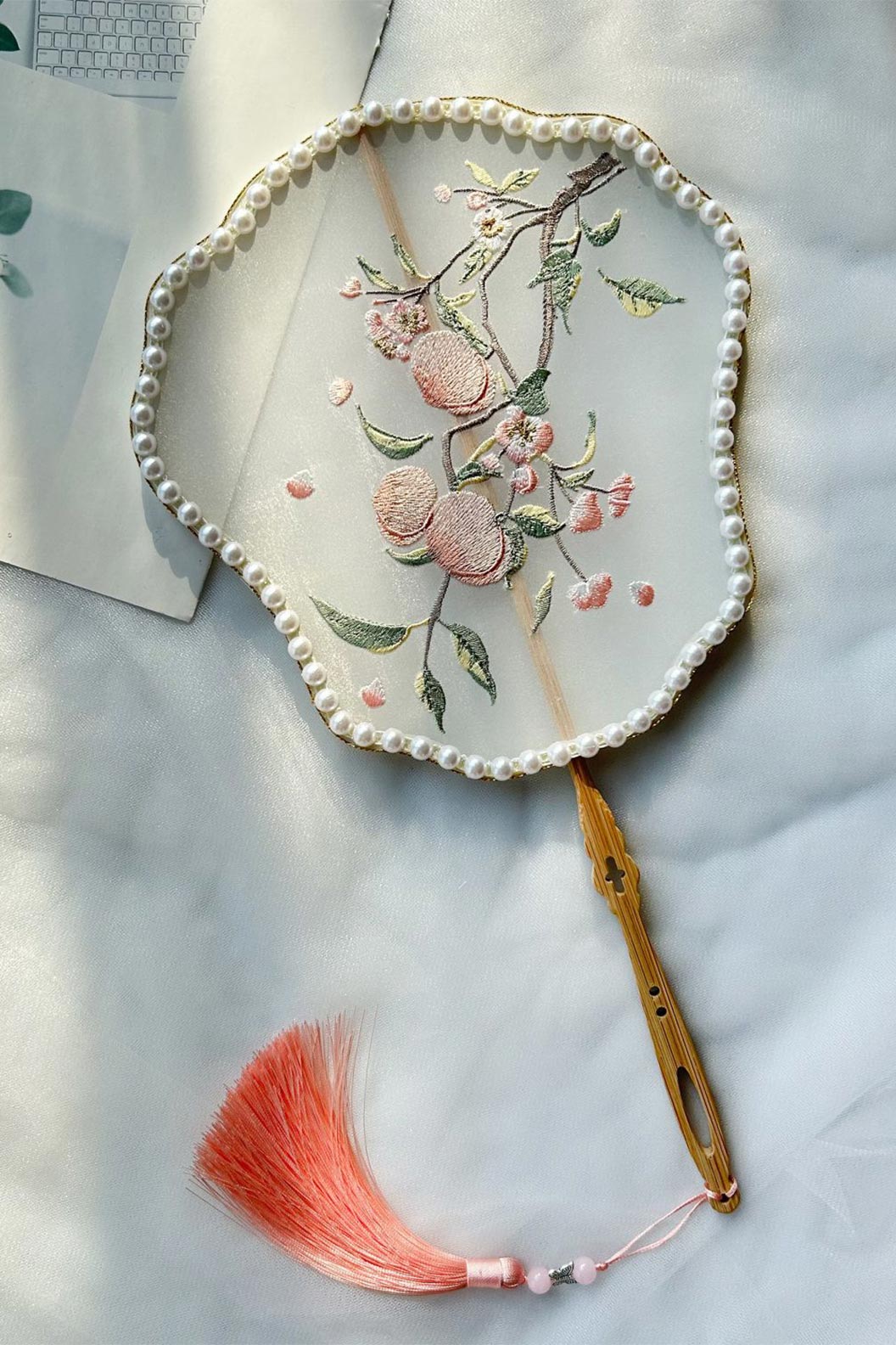 Chinese hand fan embroidered white ancient style with tassel