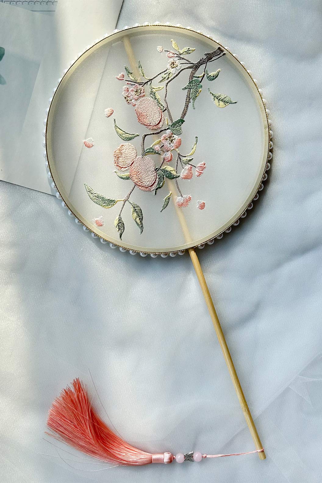 Chinese hand fan embroidered white ancient style with tassel