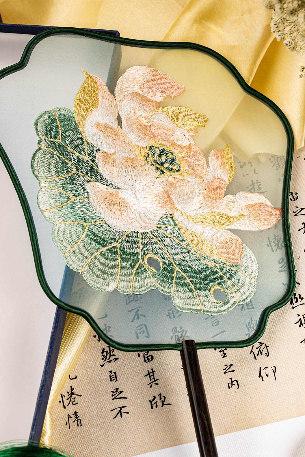 Chinese hand fan green lotus embroidery single-side fan for qipao