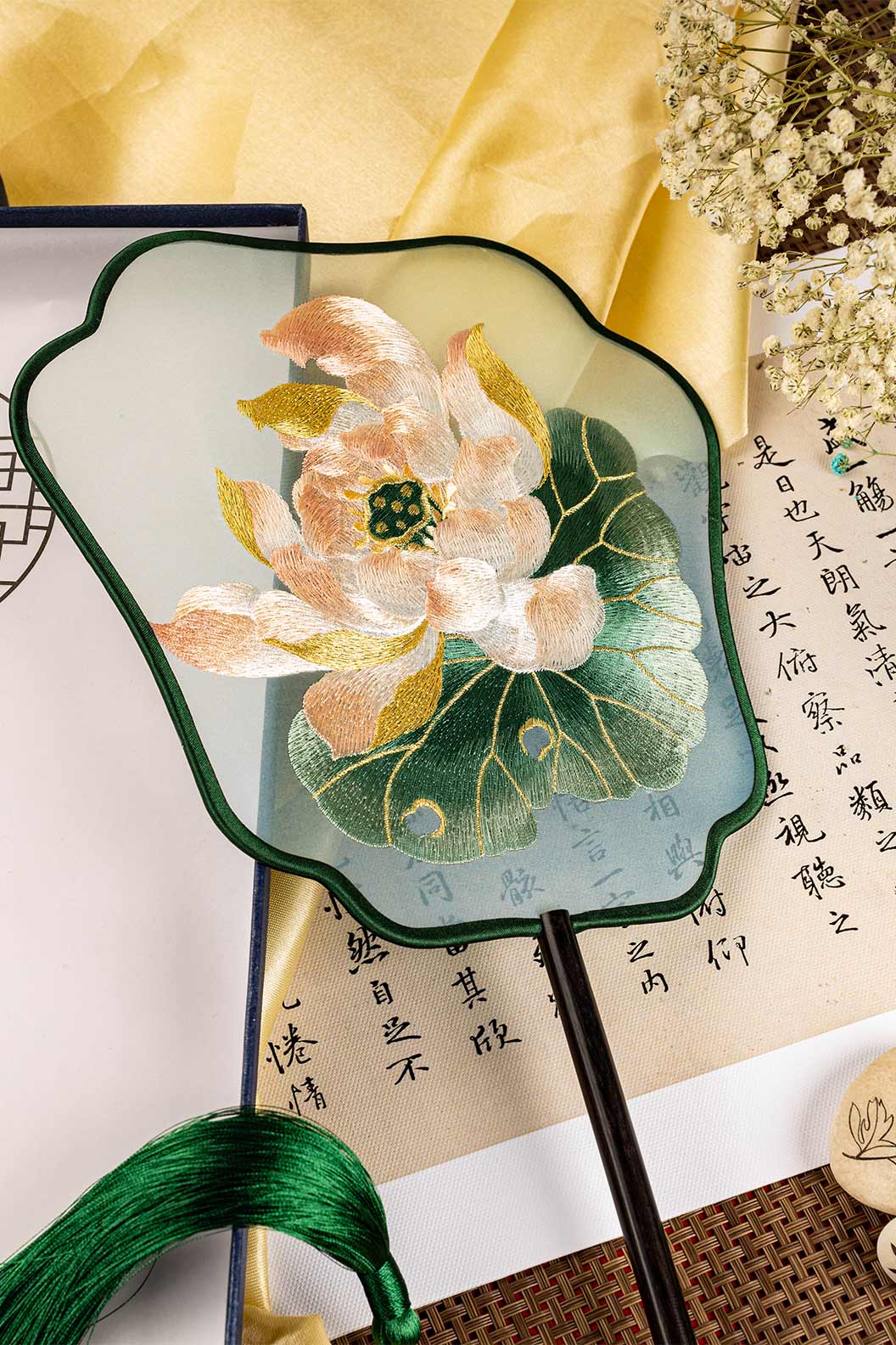 Chinese hand fan green lotus embroidery single-side fan for qipao