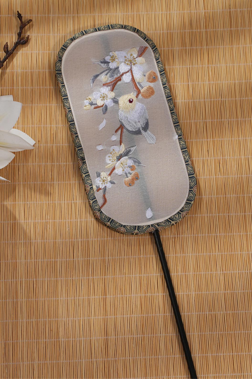 Chinese hand fan rectangular embroidered long handle fan for qipao