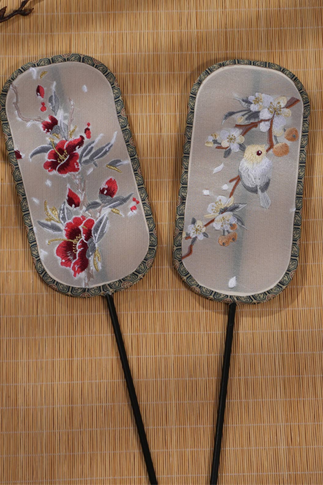 Chinese hand fan rectangular embroidered long handle fan for qipao