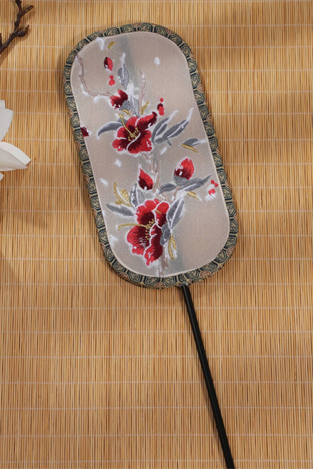 Chinese hand fan rectangular embroidered long handle fan for qipao