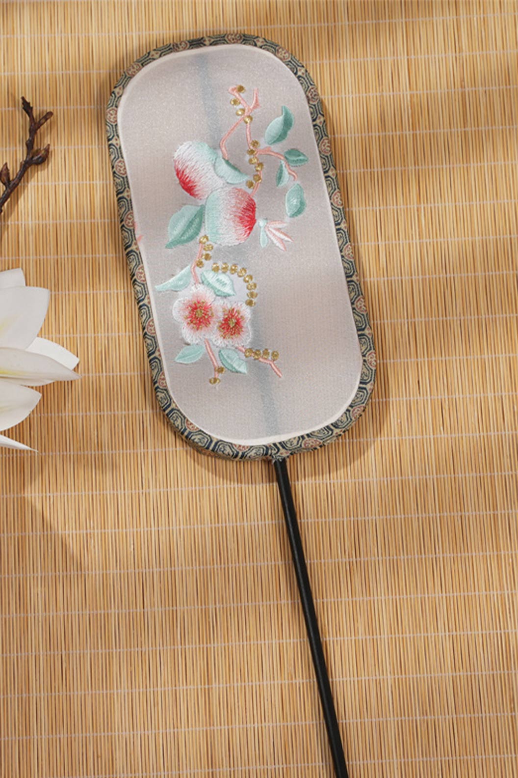 Chinese hand fan rectangular embroidered long handle fan for qipao