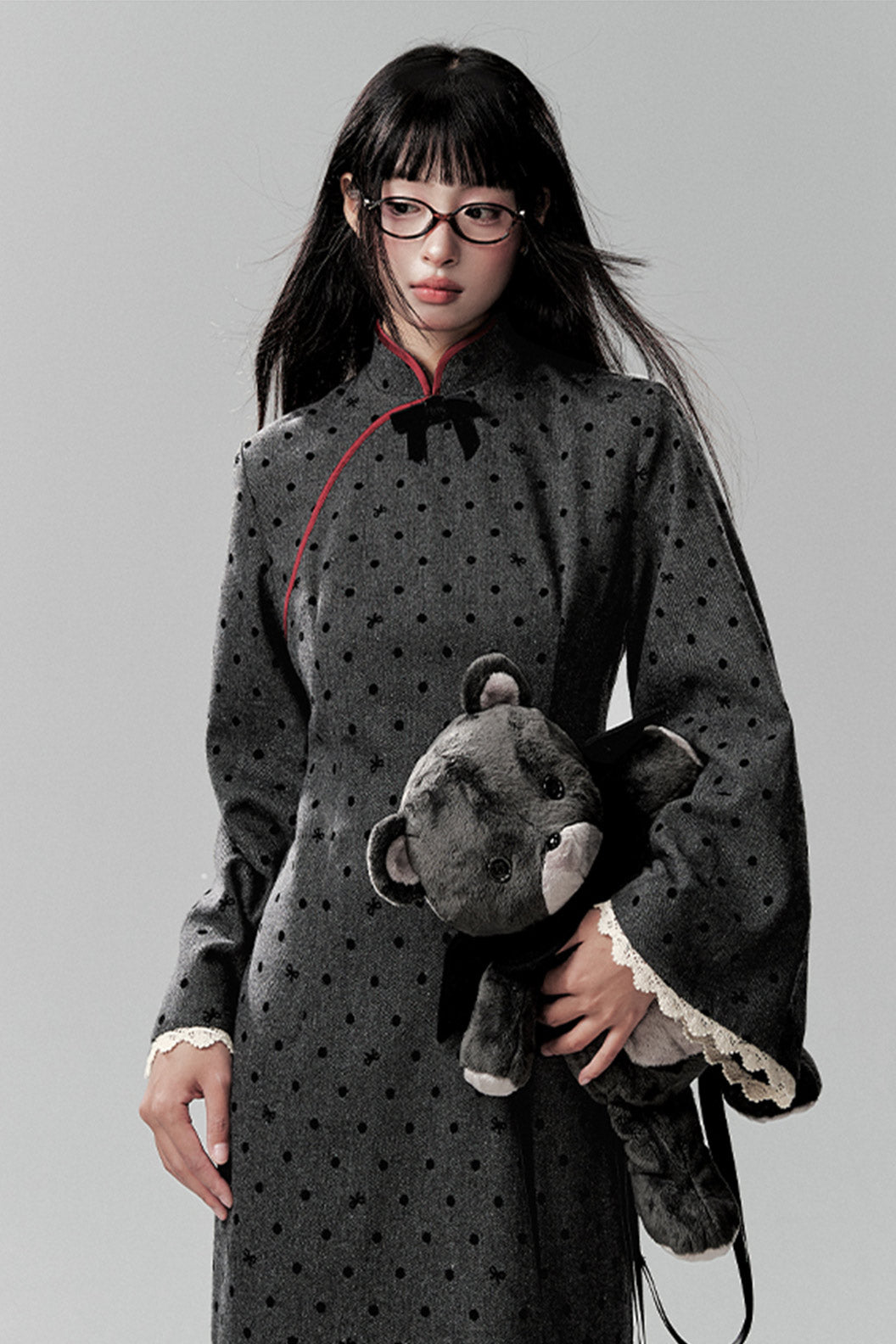 Chinese Modern Hanfu Set Plus Velvet Grey  Dress - shaonv 少女
