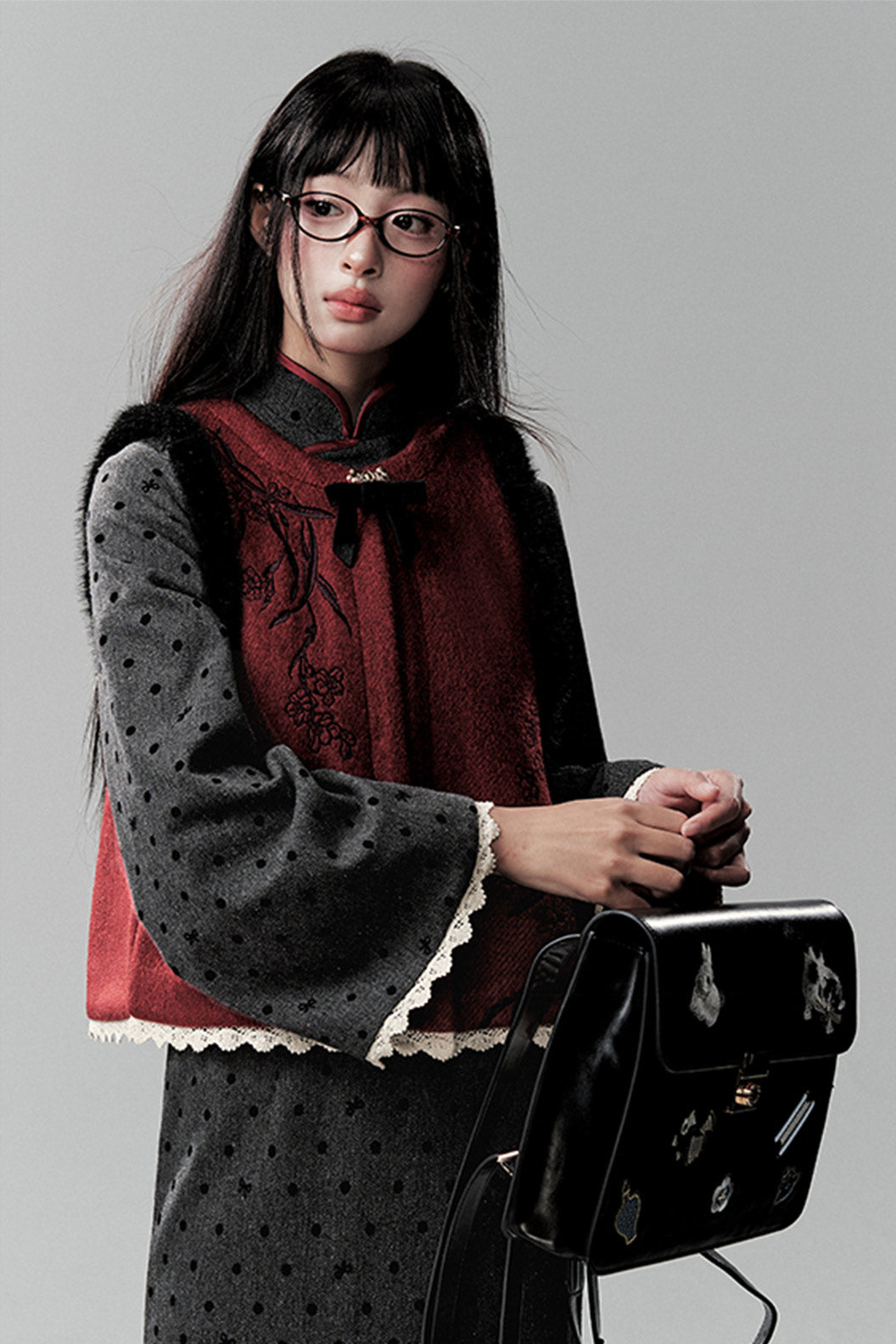 Chinese Modern Hanfu Set Plus Velvet Grey  Dress - shaonv 少女