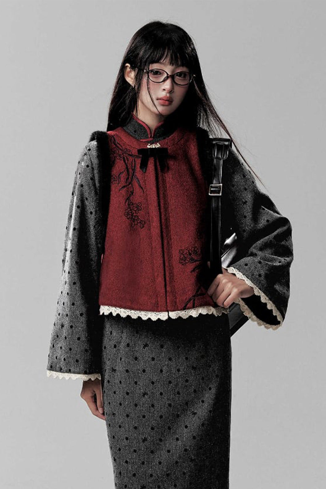 Chinese Modern Hanfu Set Plus Velvet Grey  Dress - shaonv 少女