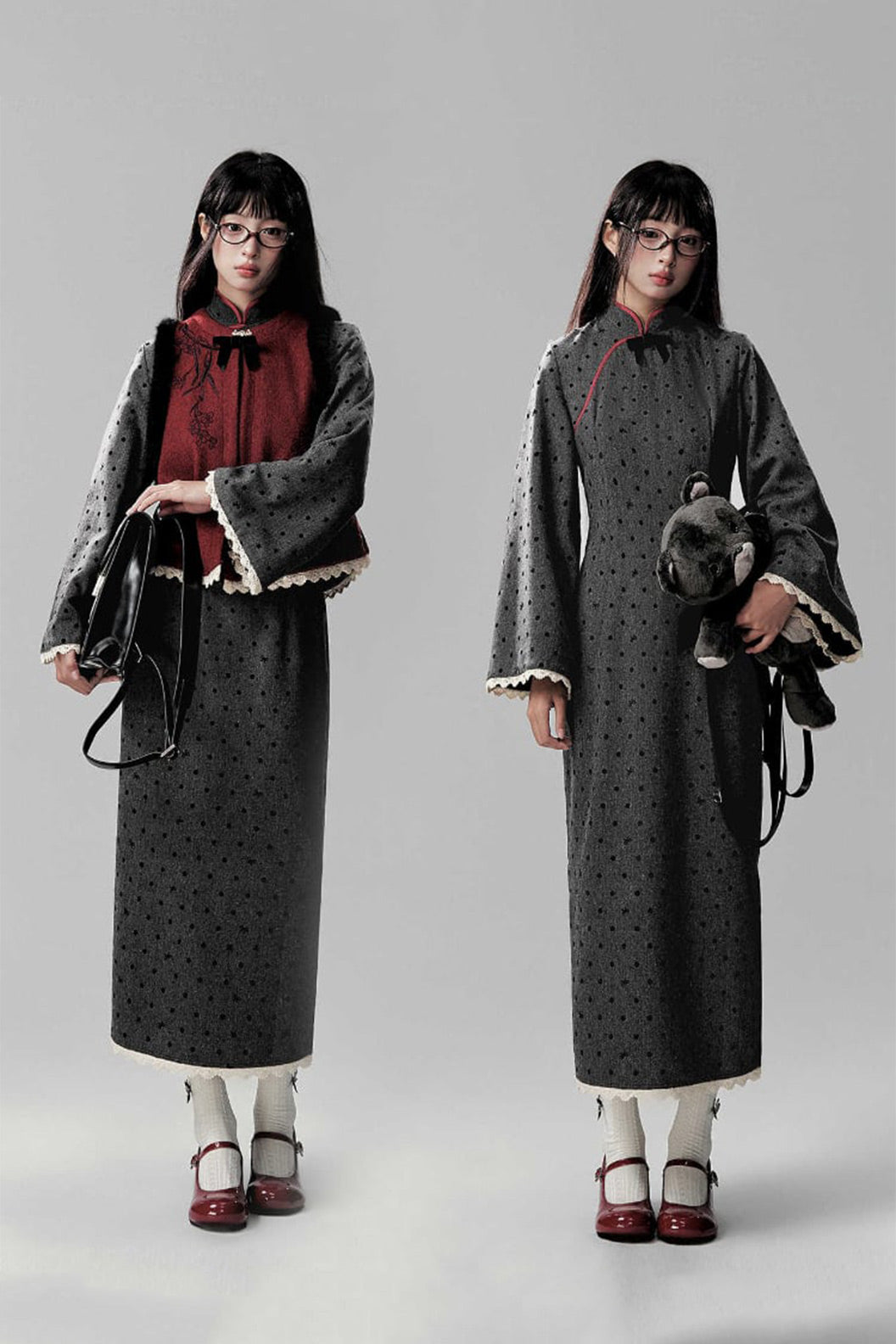Chinese Modern Hanfu Set Plus Velvet Grey  Dress - shaonv 少女