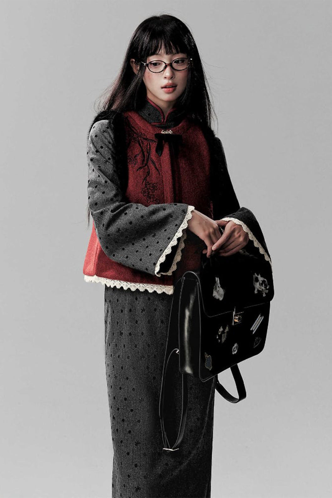 Chinese Modern Hanfu Set Plus Velvet Grey  Dress - shaonv 少女