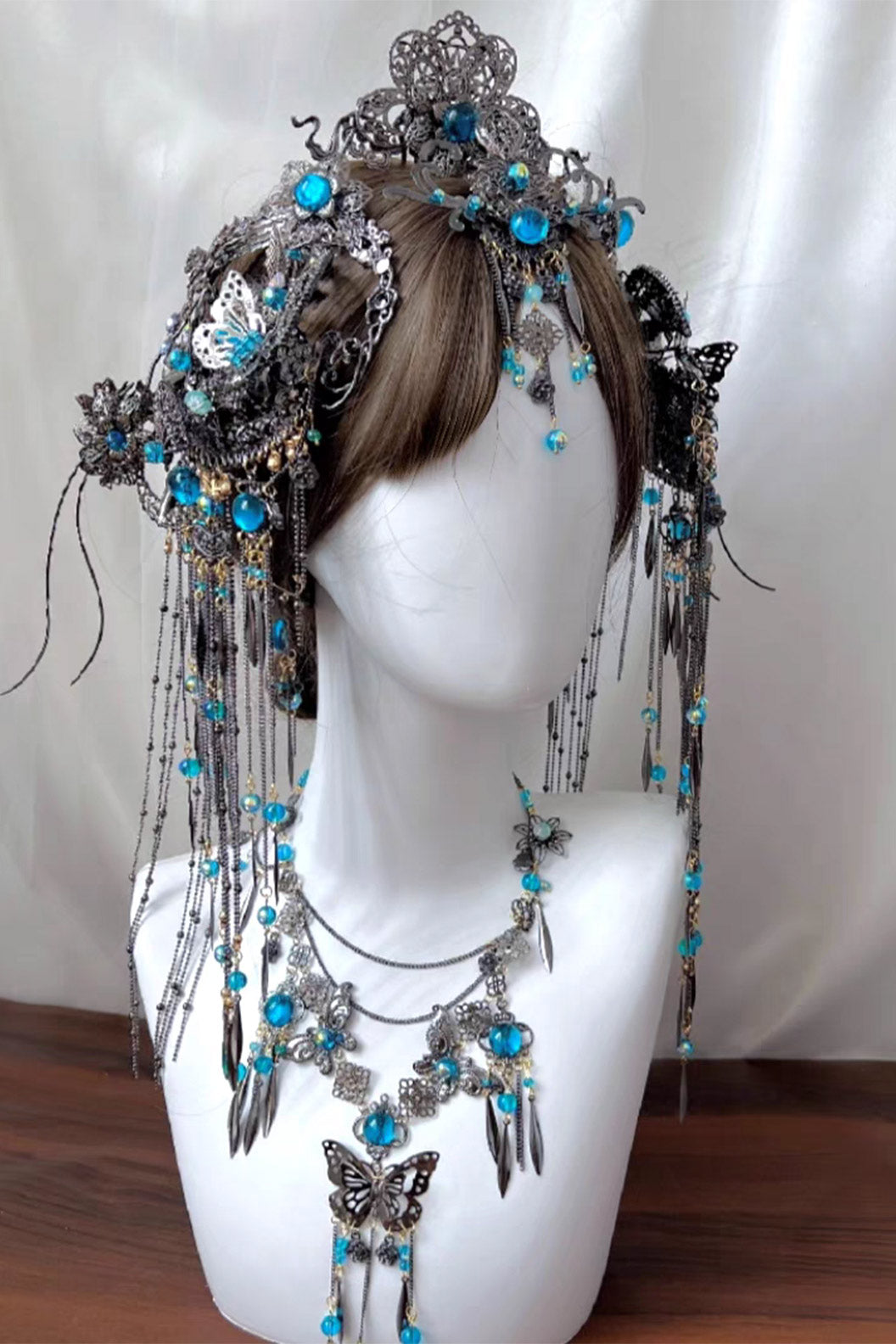 Chinese Wig Hairpin Blue Gemstone Butterfly Hair Accessories Set