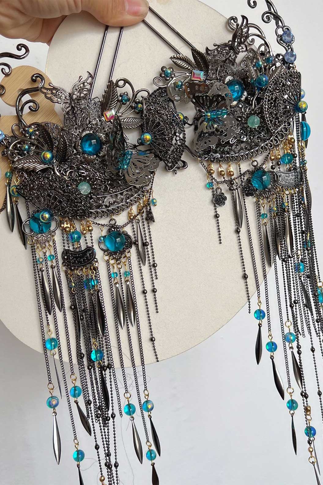 Chinese Wig Hairpin Blue Gemstone Butterfly Hair Accessories Set