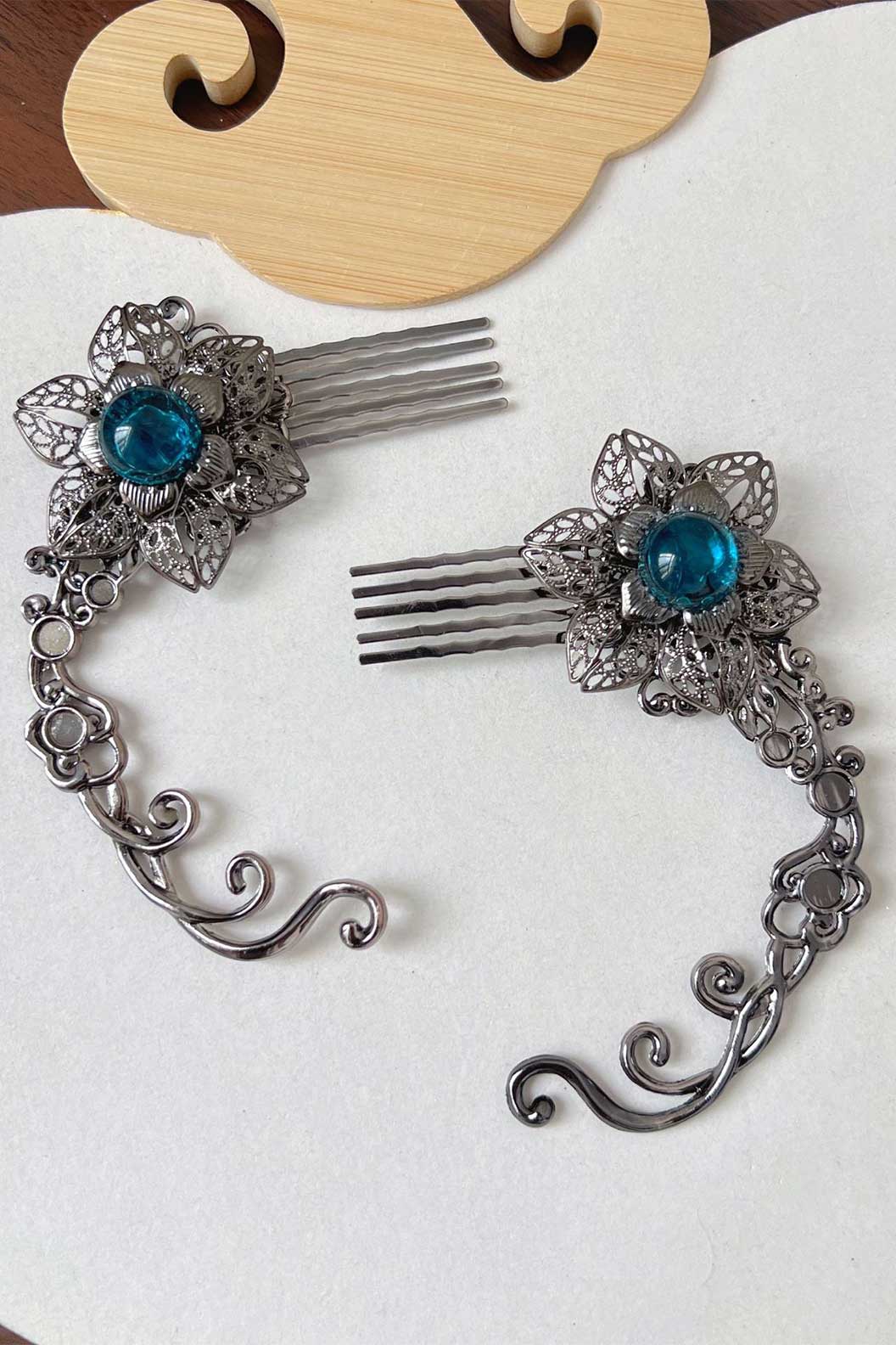 Chinese Wig Hairpin Blue Gemstone Butterfly Hair Accessories Set
