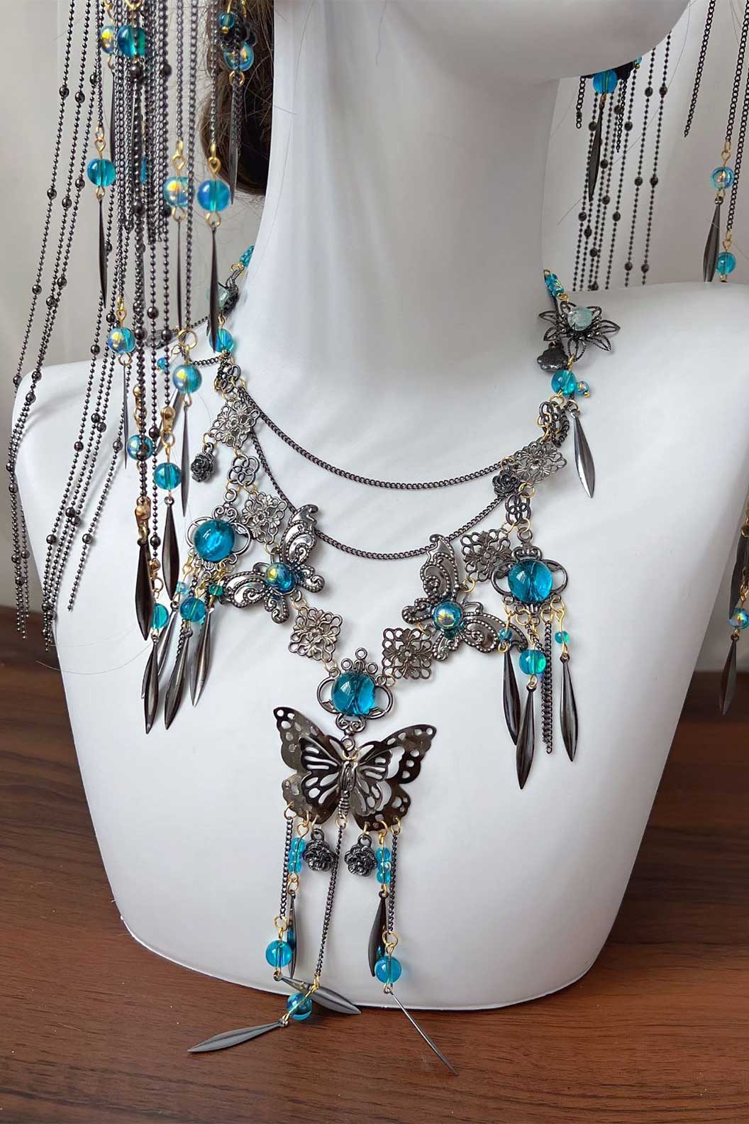 Chinese Wig Hairpin Blue Gemstone Butterfly Hair Accessories Set