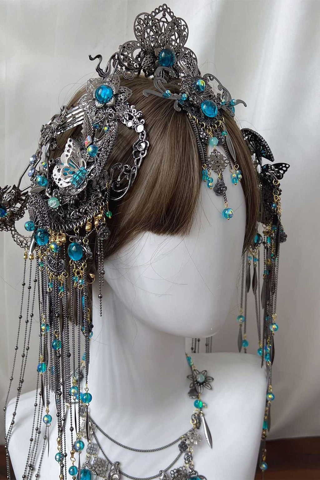 Chinese Wig Hairpin Blue Gemstone Butterfly Hair Accessories Set