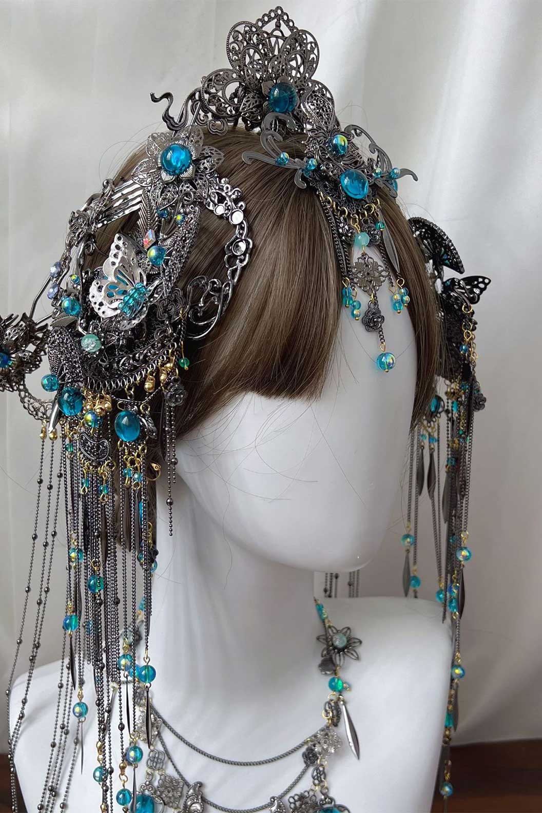 Chinese Wig Hairpin Blue Gemstone Butterfly Hair Accessories Set