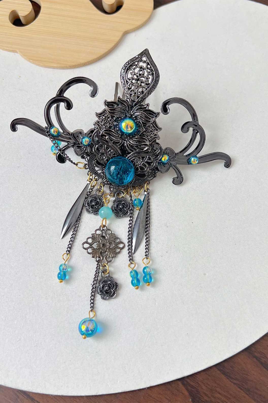 Chinese Wig Hairpin Blue Gemstone Butterfly Hair Accessories Set