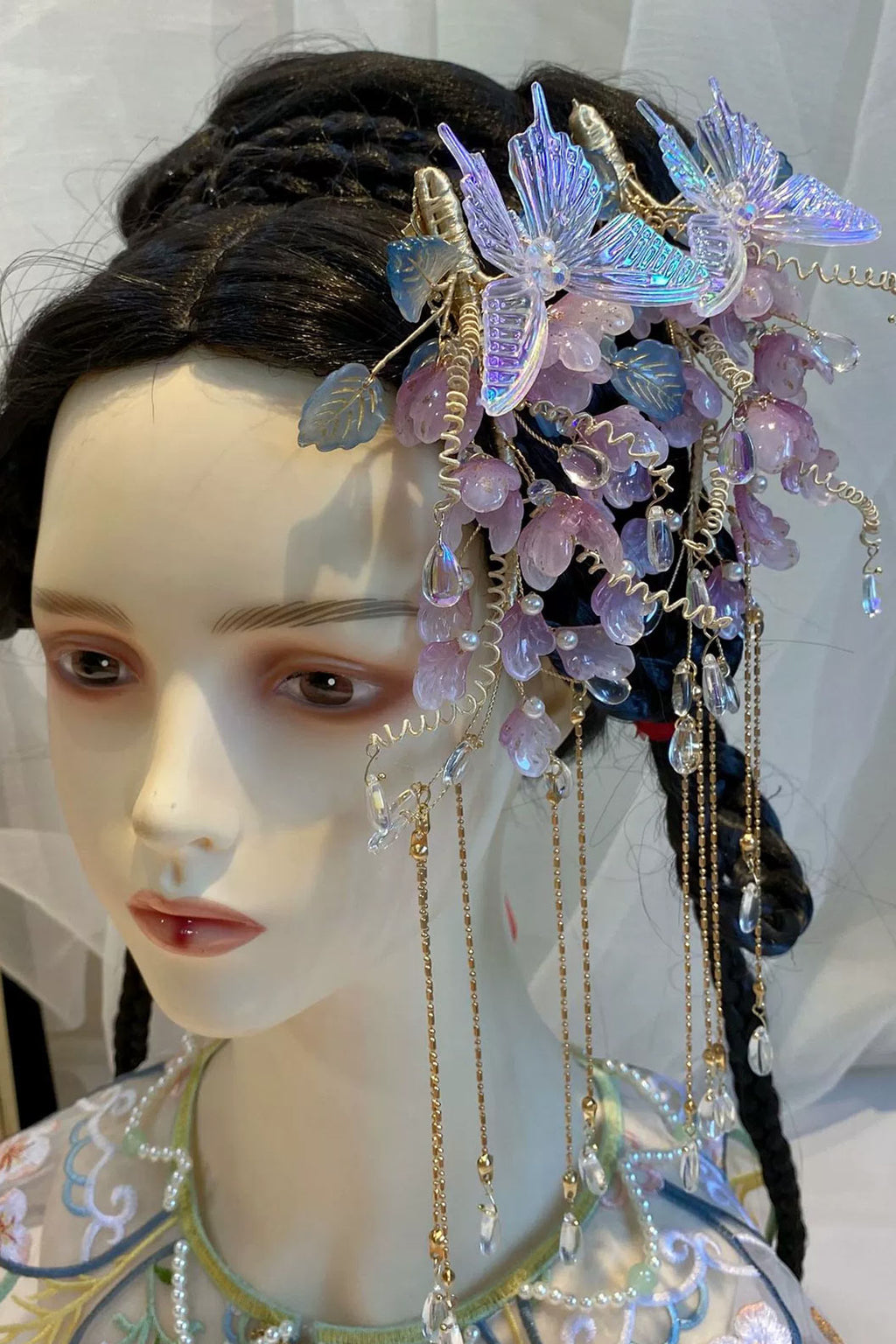 Chinese Wig Hairpin Pink Flowers and Butterflies