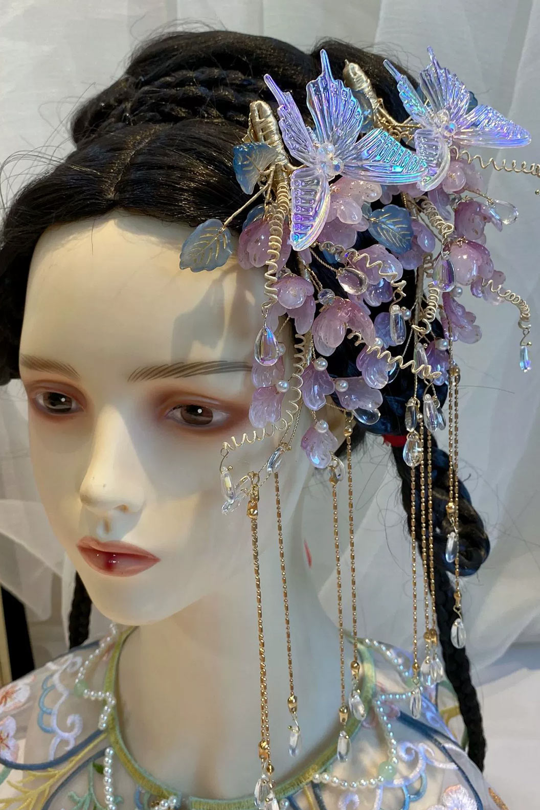 Chinese Wig Hairpin Pink Flowers and Butterflies
