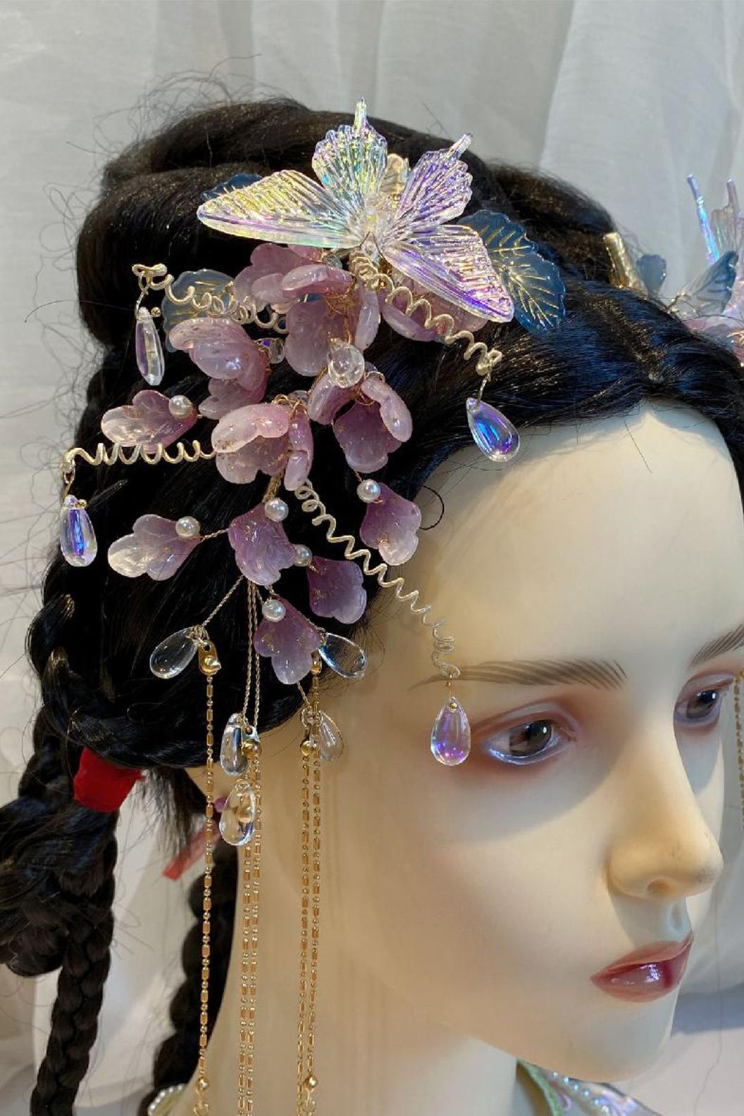 Chinese Wig Hairpin Pink Flowers and Butterflies