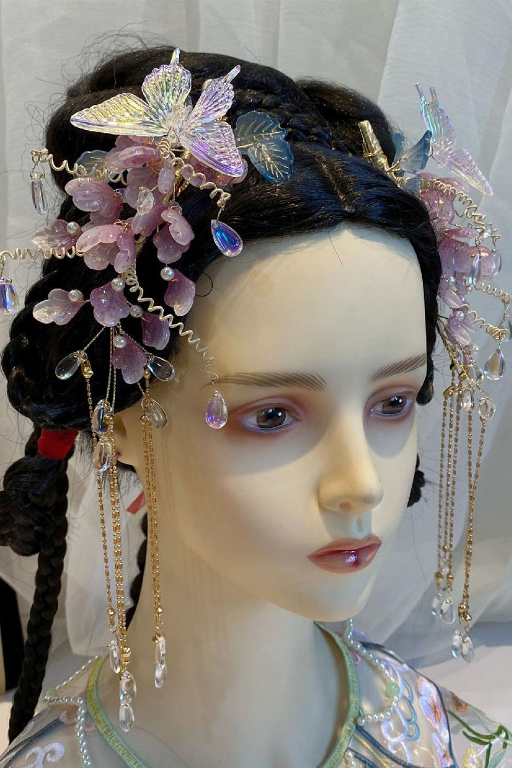 Chinese Wig Hairpin Pink Flowers and Butterflies