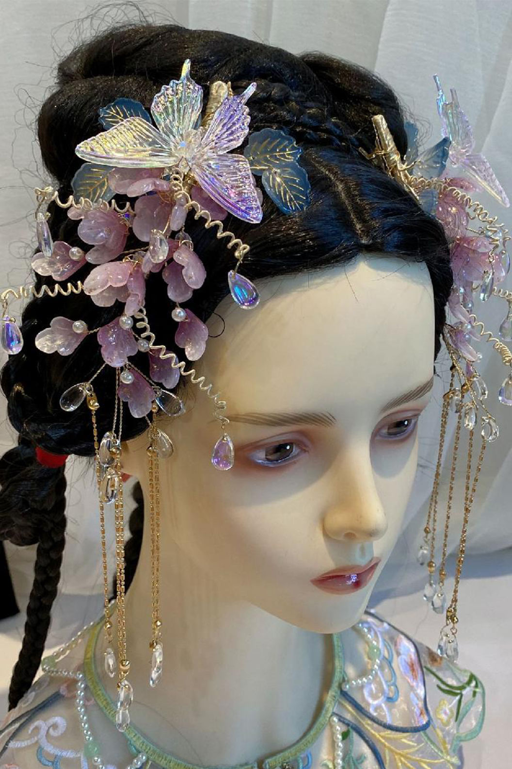 Chinese Wig Hairpin Pink Flowers and Butterflies
