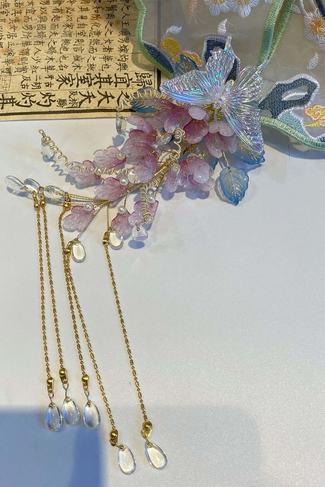 Chinese Wig Hairpin Pink Flowers and Butterflies
