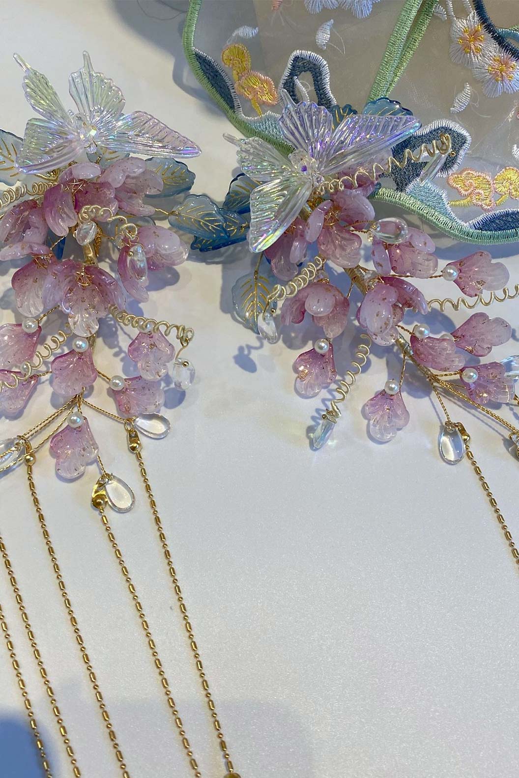 Chinese Wig Hairpin Pink Flowers and Butterflies