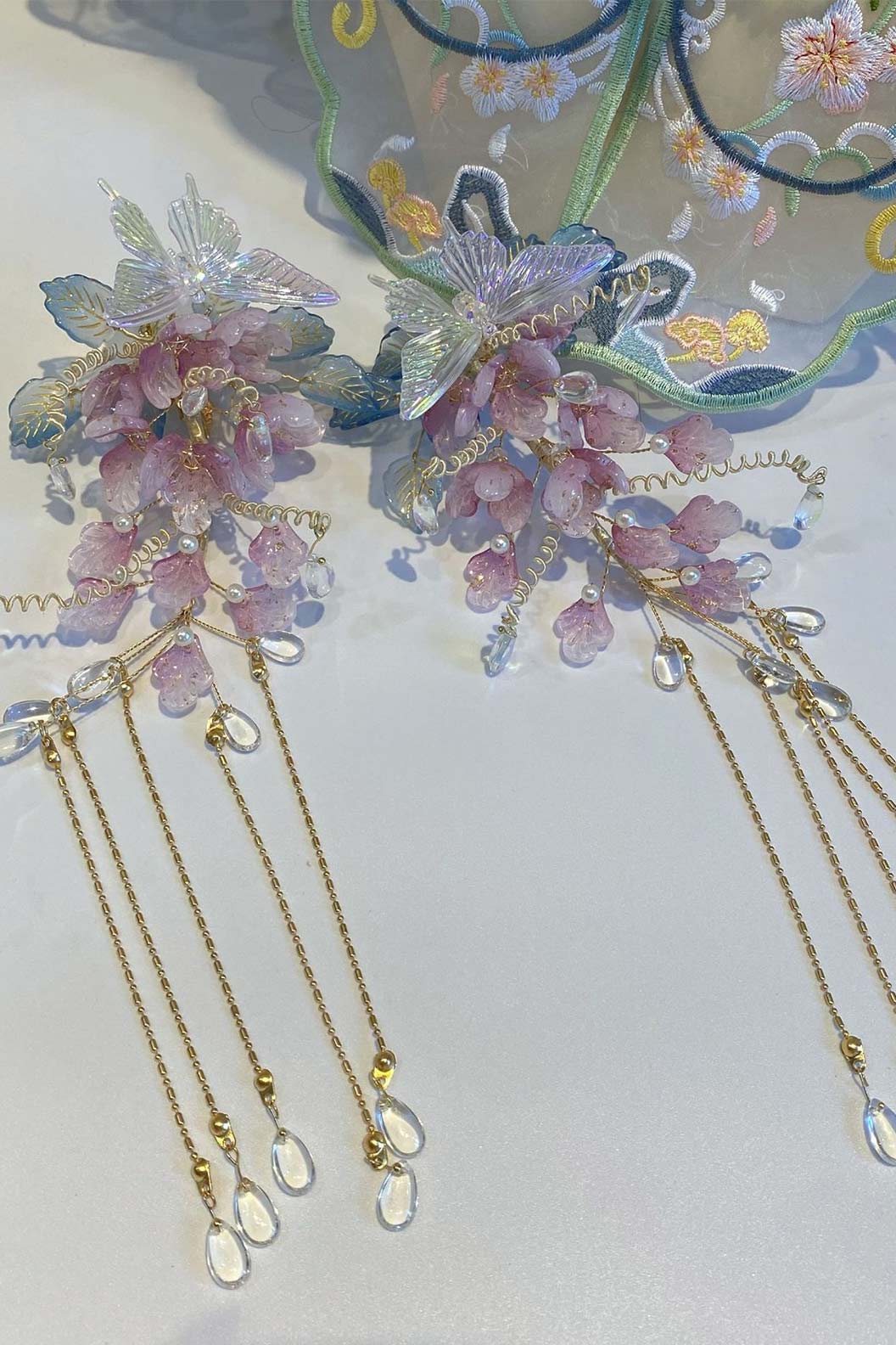 Chinese Wig Hairpin Pink Flowers and Butterflies