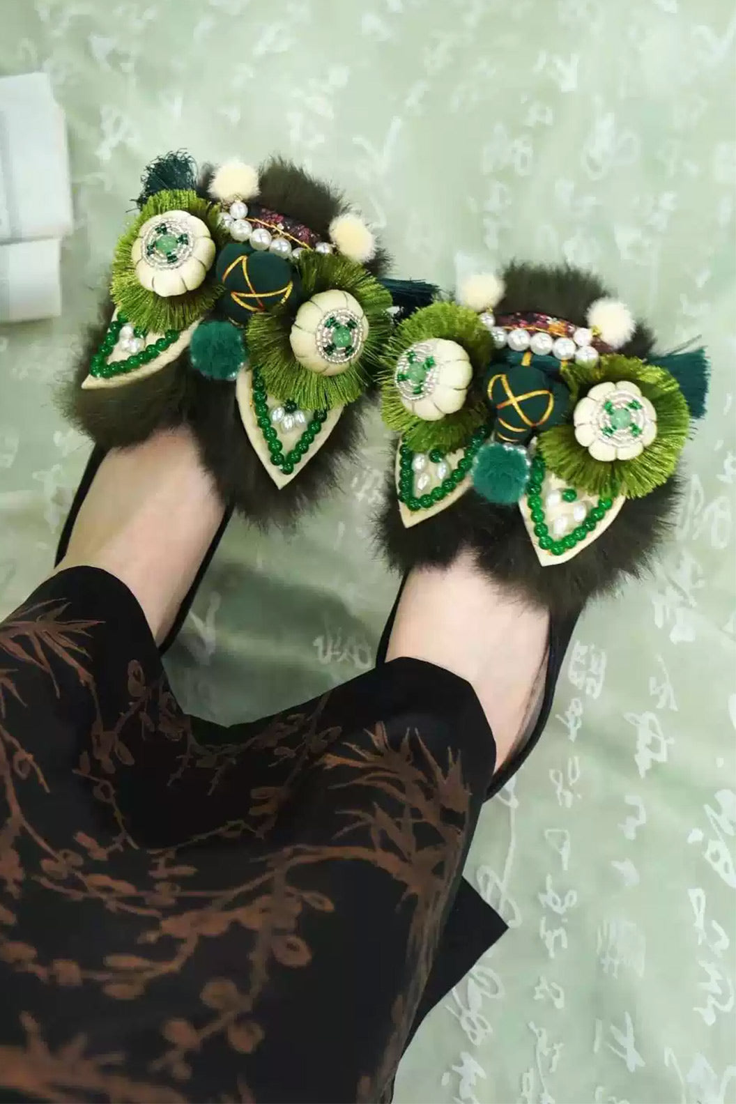 Embroidered Shoes Green Chinese Style Handmade Tiger Head Shoes