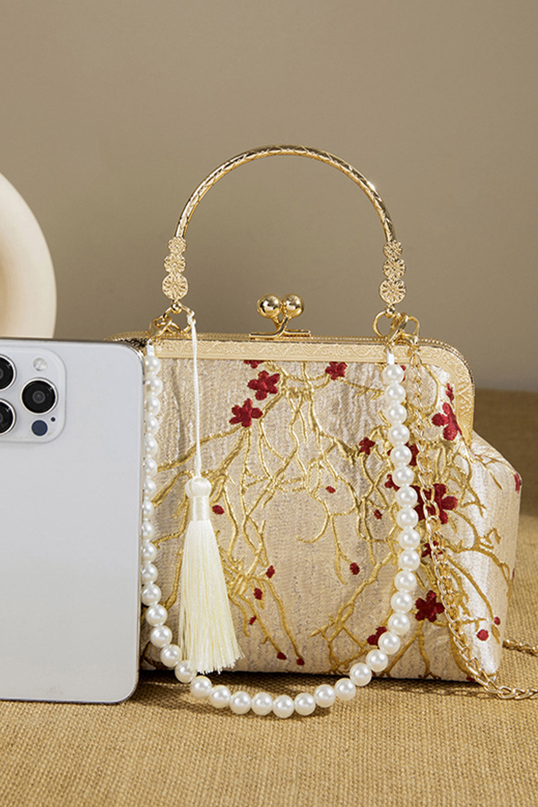 Embroidered Purse Apricot Gold Red Floral for Qipao