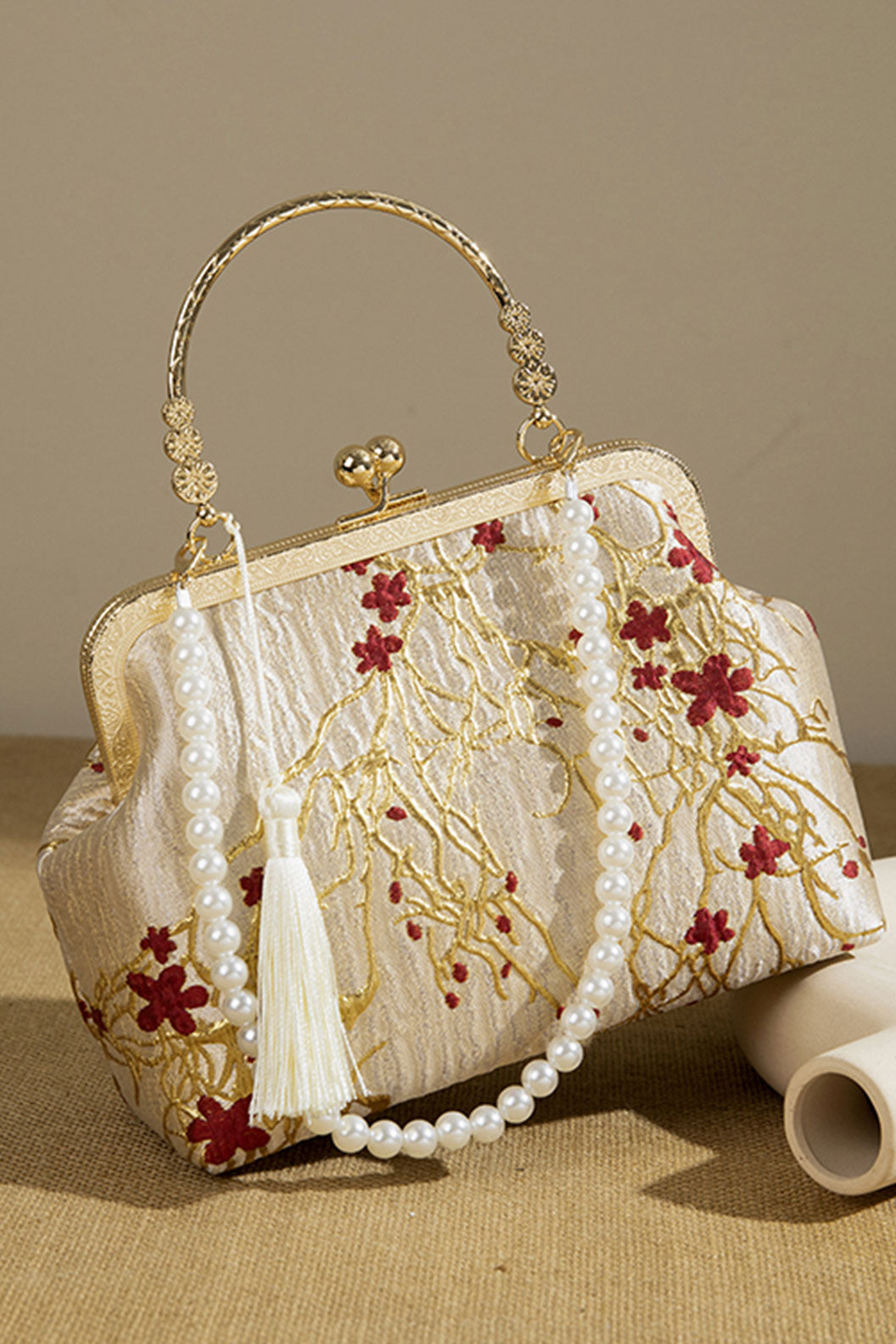 Embroidered Purse Apricot Gold Red Floral for Qipao