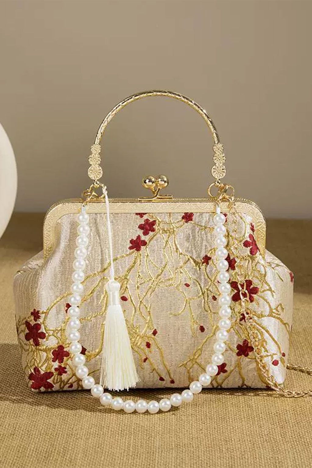 Embroidered Purse Apricot Gold Red Floral for Qipao