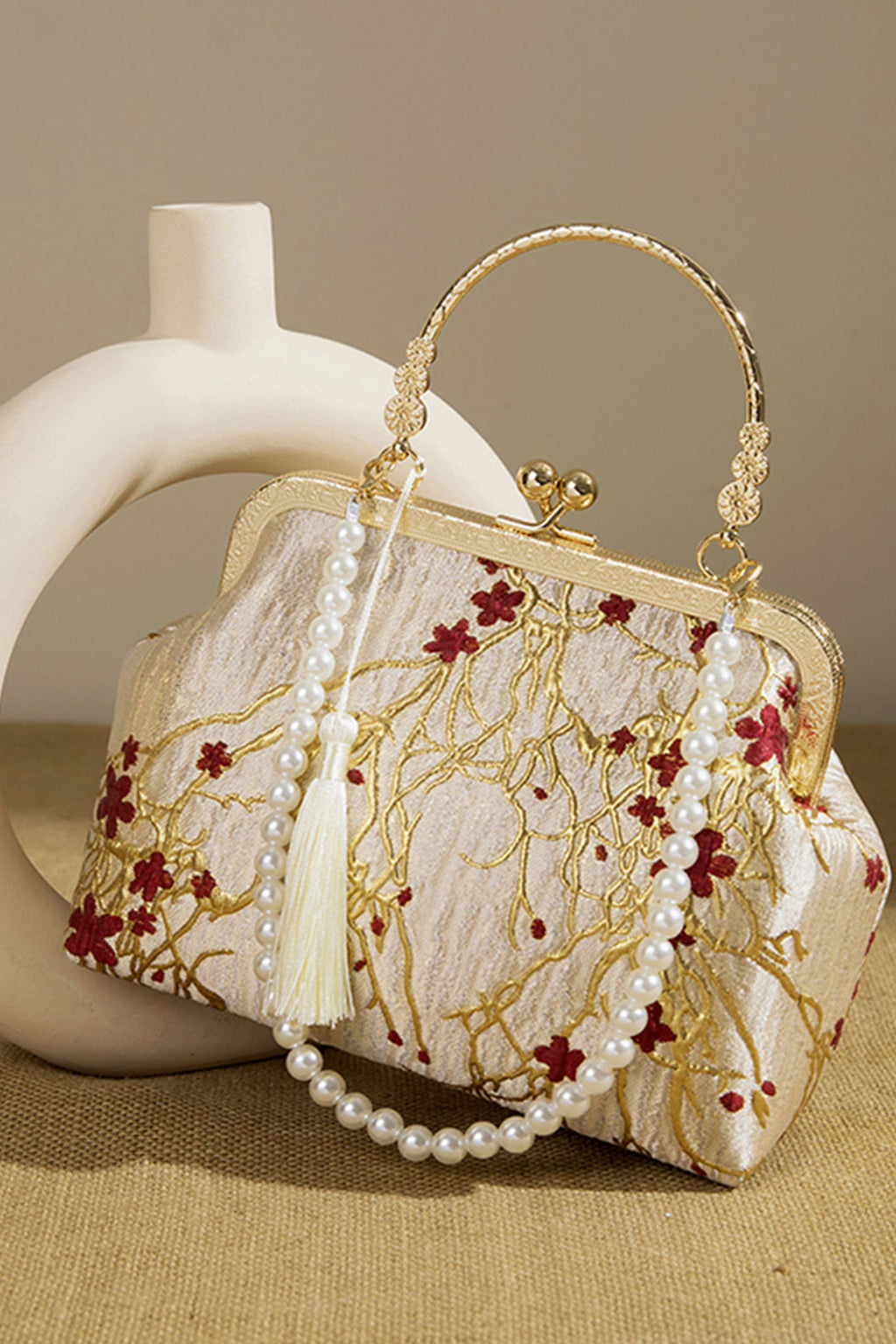 Embroidered Purse Apricot Gold Red Floral for Qipao