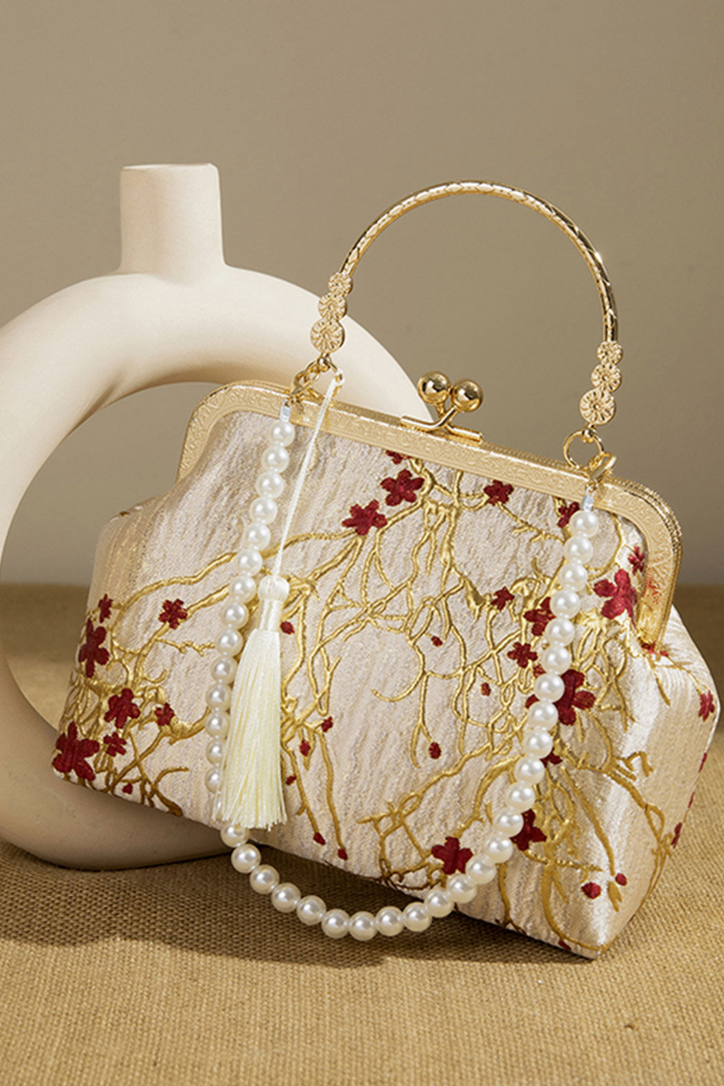 Embroidered Purse Apricot Gold Red Floral for Qipao
