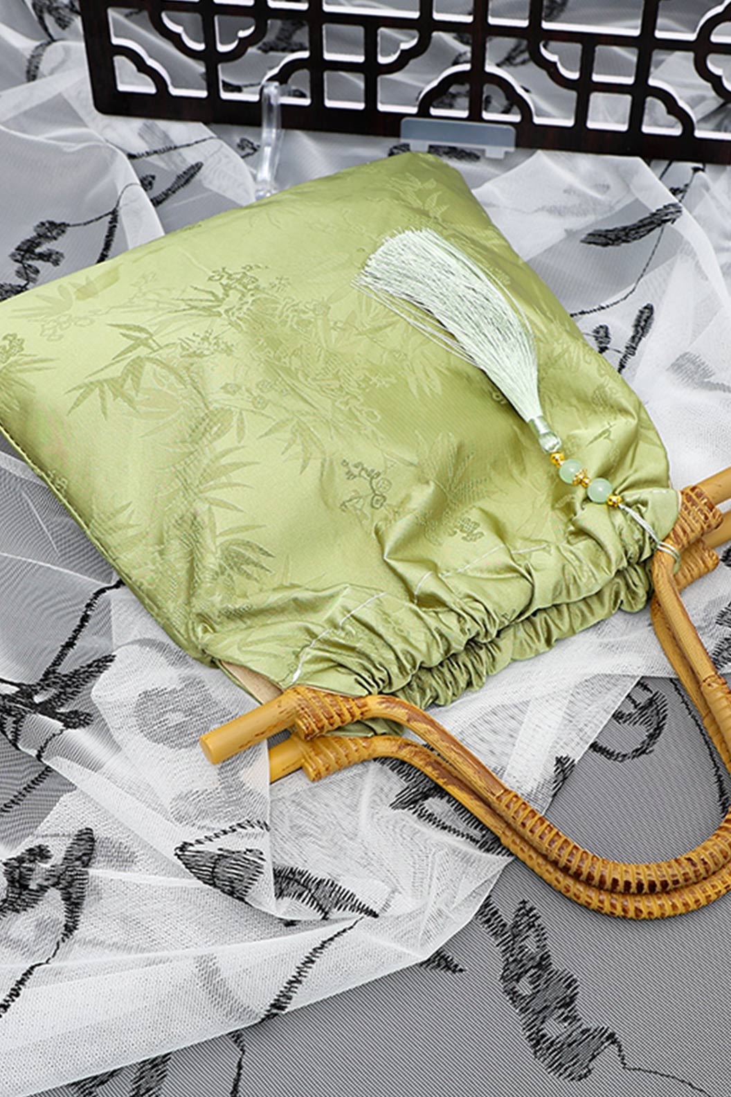 Embroidered Purse Green Jacquard Bamboo Pattern