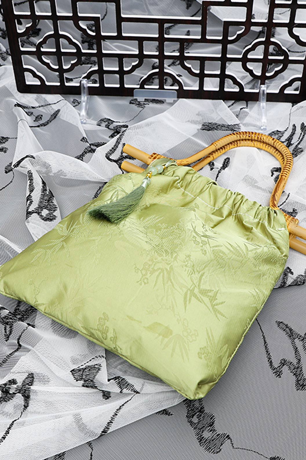 Embroidered Purse Green Jacquard Bamboo Pattern