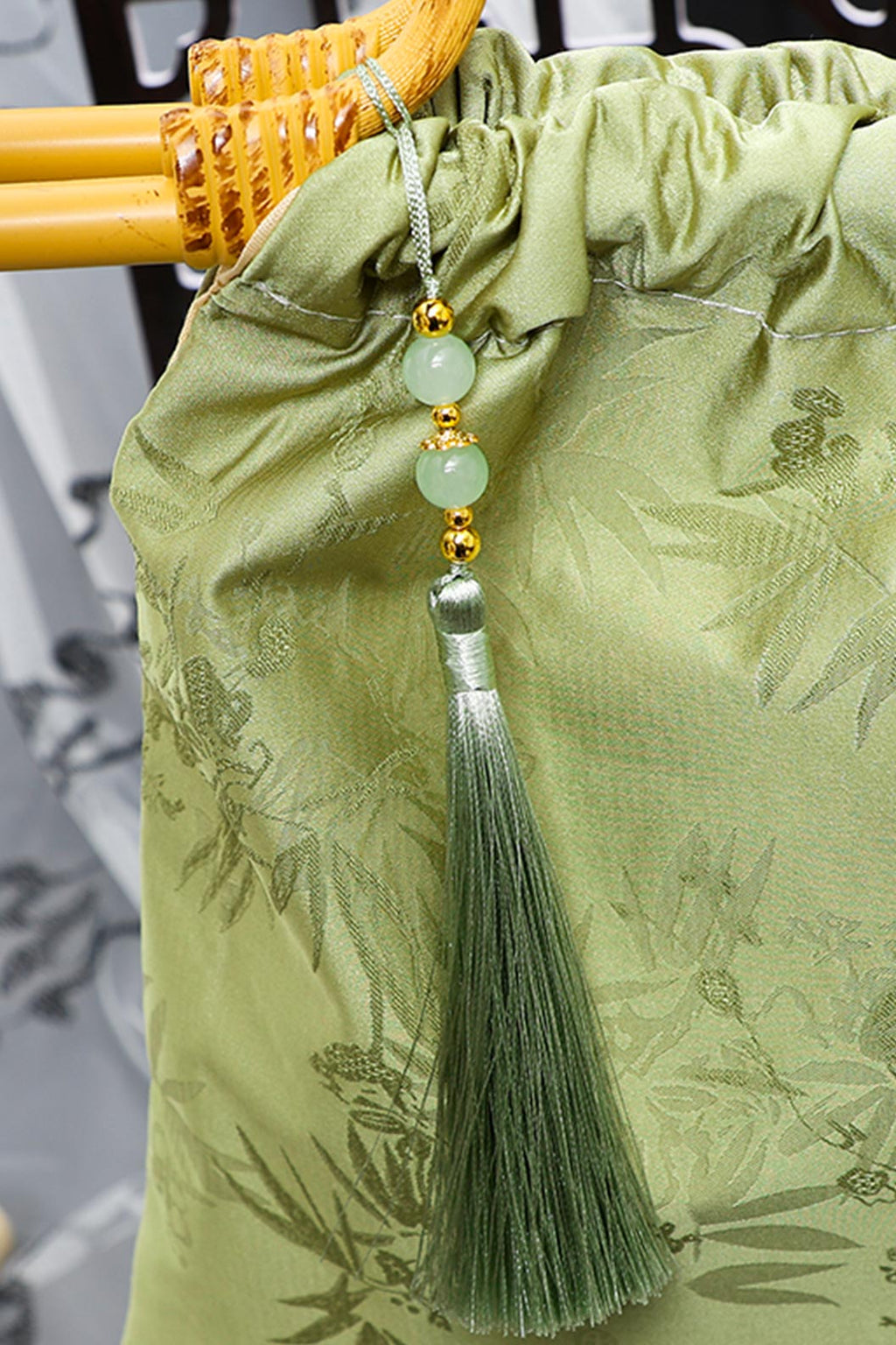 Embroidered Purse Green Jacquard Bamboo Pattern