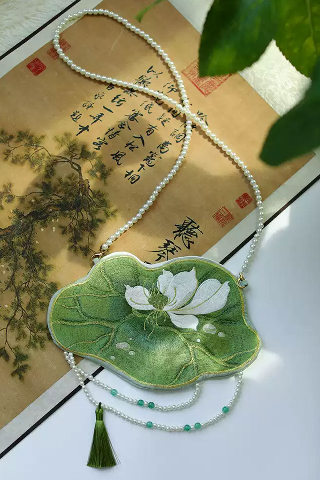 Embroidered Purse Green Lotus Heavy Embroidery