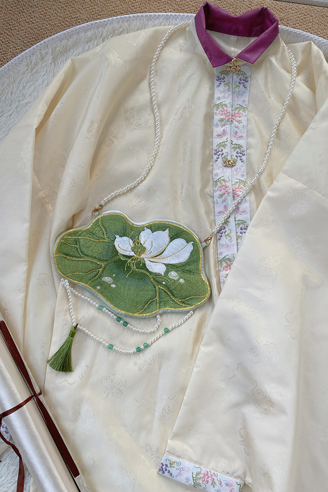 Embroidered Purse Green Lotus Heavy Embroidery