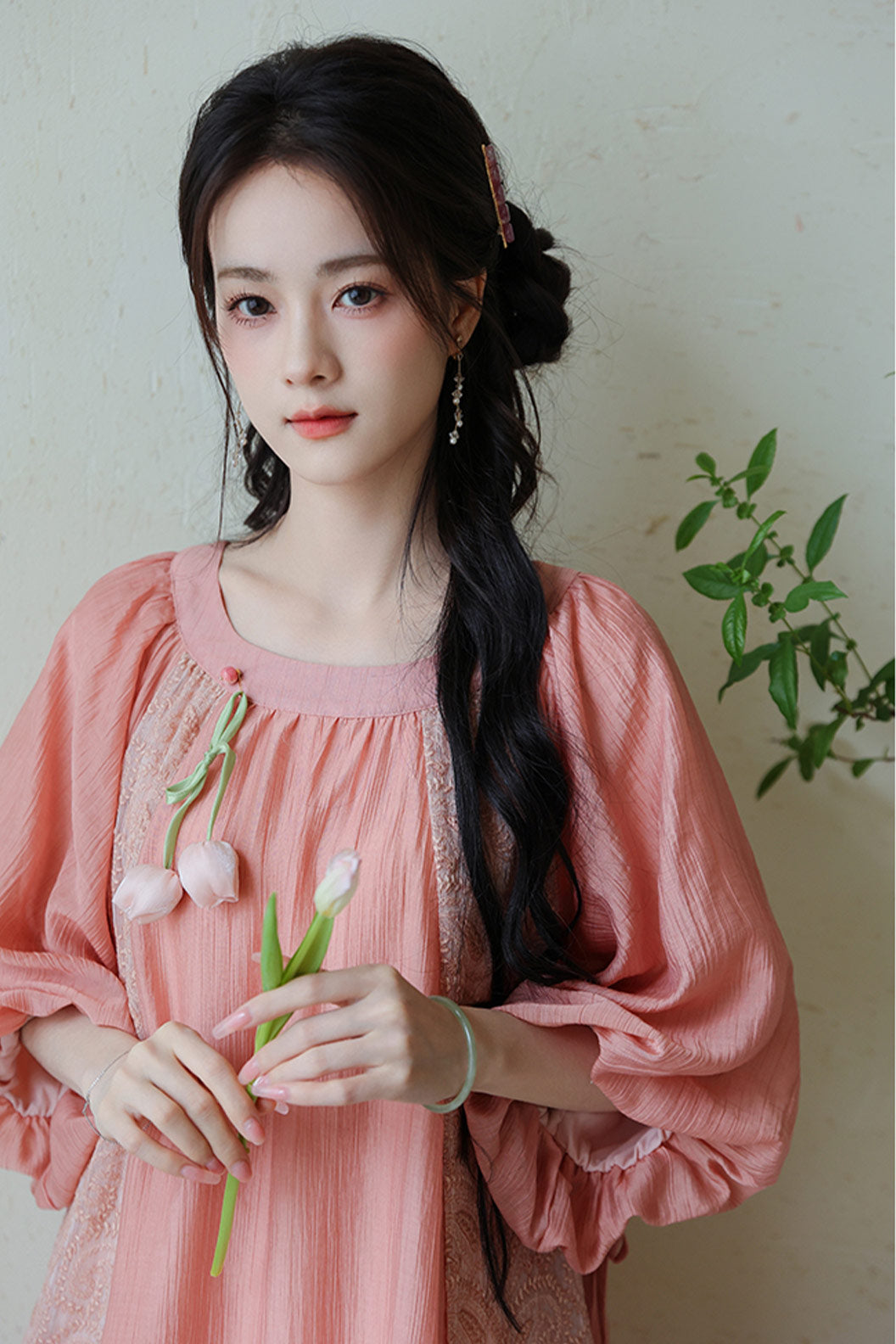 Fairycore Chinese Pink Dress with Puff Sleeves - yimeng 逸梦